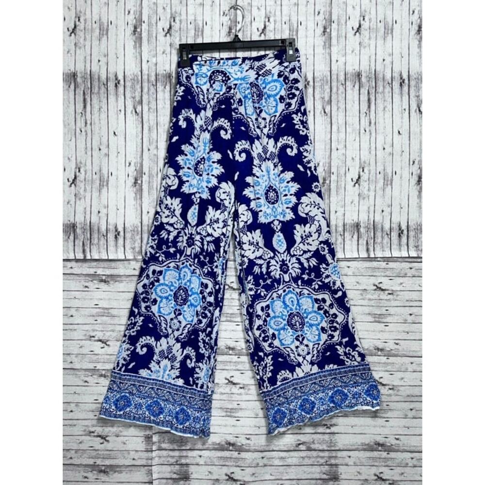 Rachel Zoe XS Floral blue palazzo pants with pockets pull on smocked back waist